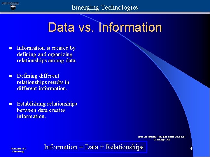 Emerging Technologies Data vs. Information l Information is created by defining and organizing relationships