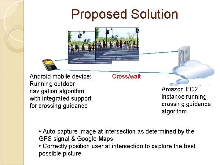 Proposed Solution Android mobile device: Running outdoor navigation algorithm with integrated support for crossing