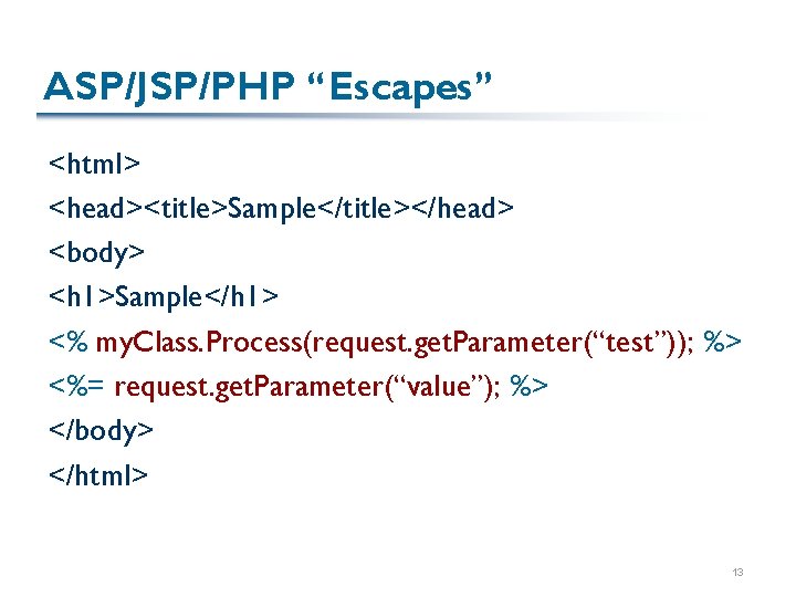 ASP/JSP/PHP “Escapes” <html> <head><title>Sample</title></head> <body> <h 1>Sample</h 1> <% my. Class. Process(request. get. Parameter(“test”));