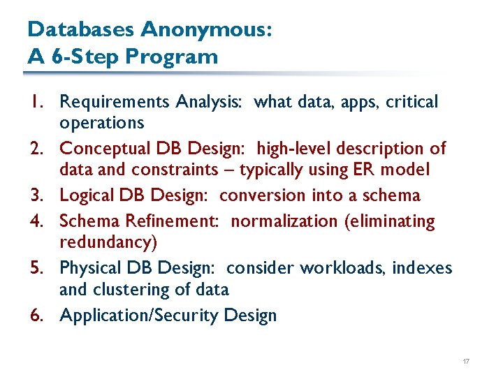 Databases Anonymous: A 6 -Step Program 1. Requirements Analysis: what data, apps, critical operations Databases Anonymous: A 6 -Step Program 1. Requirements Analysis: what data, apps, critical operations