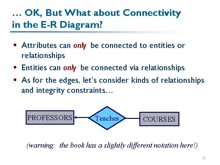… OK, But What about Connectivity in the E-R Diagram? § Attributes can only