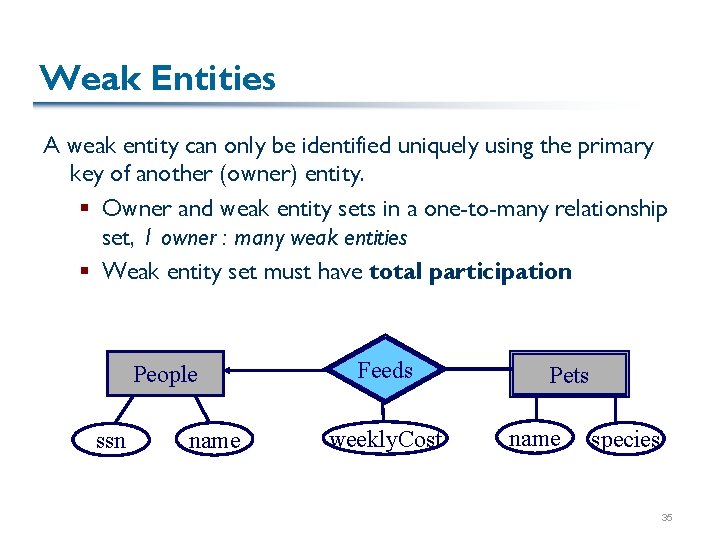 Weak Entities A weak entity can only be identified uniquely using the primary key Weak Entities A weak entity can only be identified uniquely using the primary key