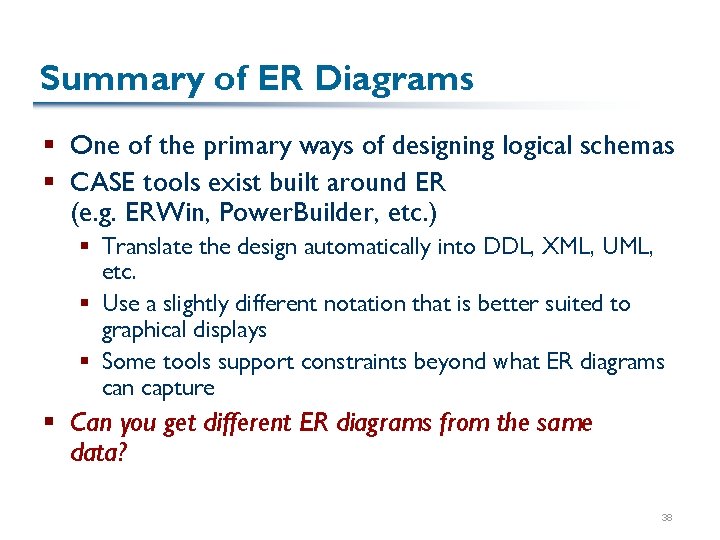 Summary of ER Diagrams § One of the primary ways of designing logical schemas Summary of ER Diagrams § One of the primary ways of designing logical schemas
