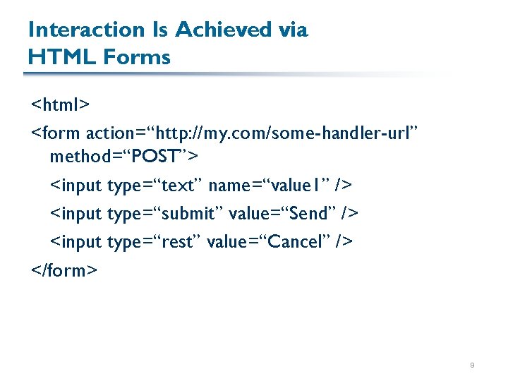 Interaction Is Achieved via HTML Forms <html> <form action=“http: //my. com/some-handler-url” method=“POST”> <input type=“text”