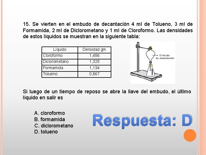 15. Se vierten en el embudo de decantación 4 ml de Tolueno, 3 ml