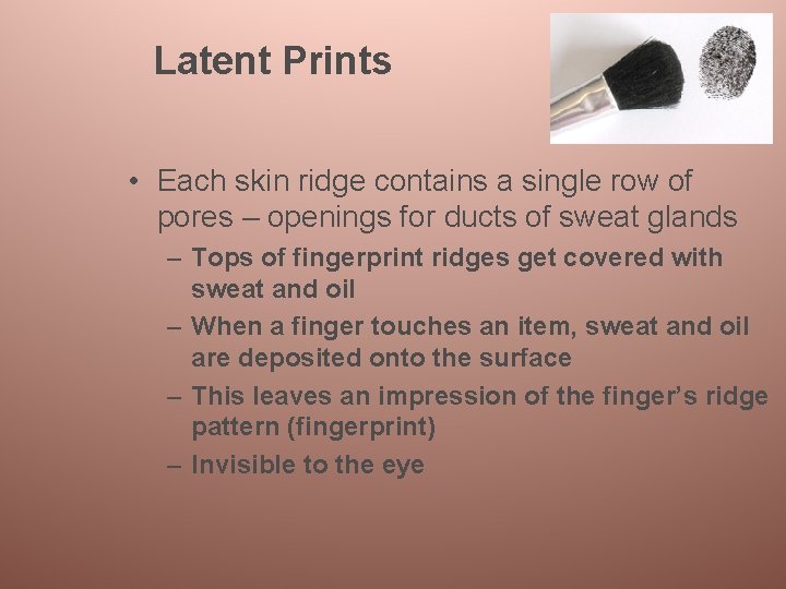Latent Prints • Each skin ridge contains a single row of pores – openings