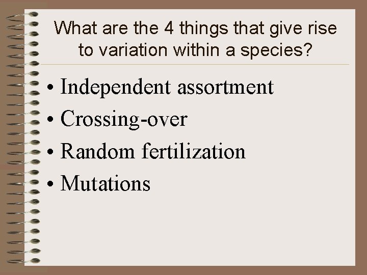 What are the 4 things that give rise to variation within a species? •