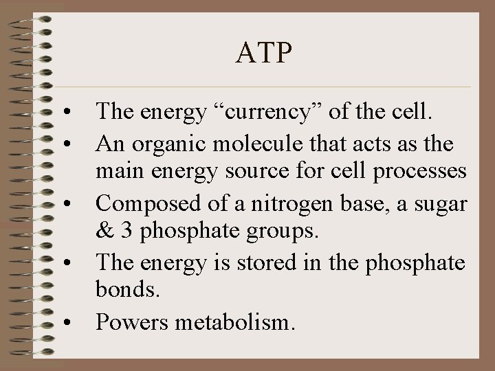 ATP • The energy “currency” of the cell. • An organic molecule that acts