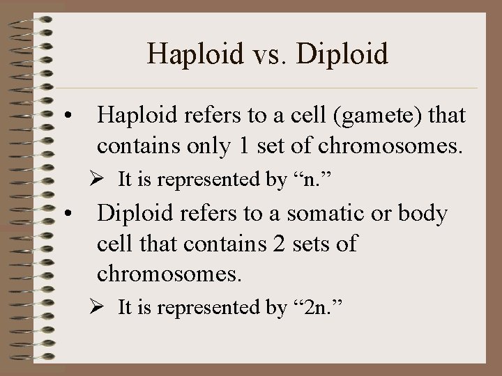 Haploid vs. Diploid • Haploid refers to a cell (gamete) that contains only 1