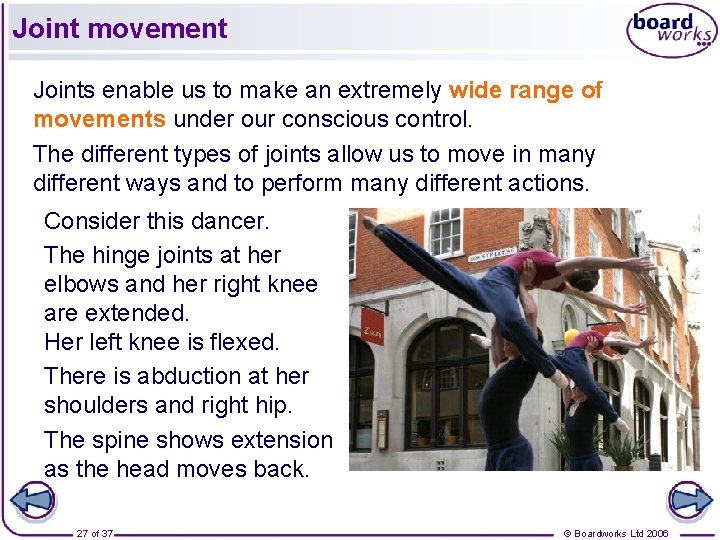 Joint movement Joints enable us to make an extremely wide range of movements under