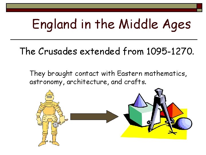 England in the Middle Ages The Crusades extended from 1095 -1270. They brought contact