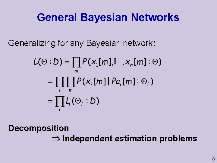 General Bayesian Networks Generalizing for any Bayesian network: Decomposition Independent estimation problems 18 