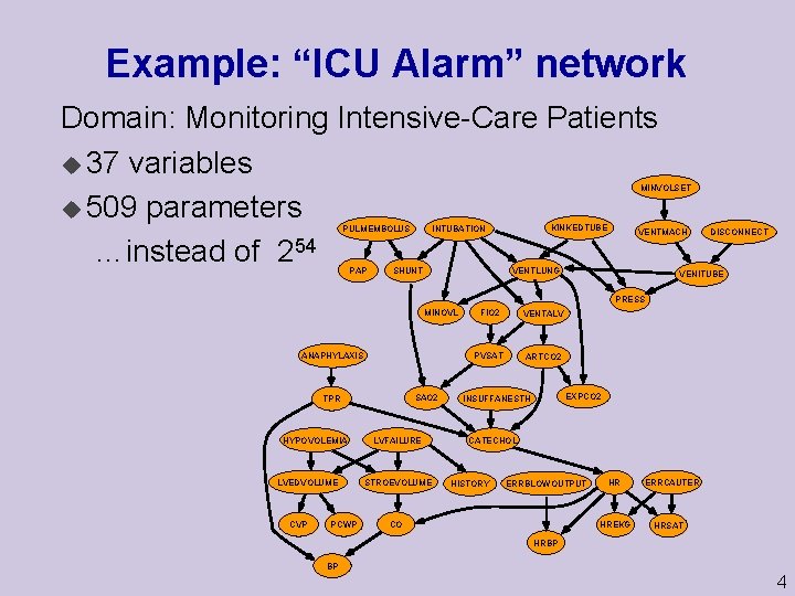 Example: “ICU Alarm” network Domain: Monitoring Intensive-Care Patients u 37 variables u 509 parameters