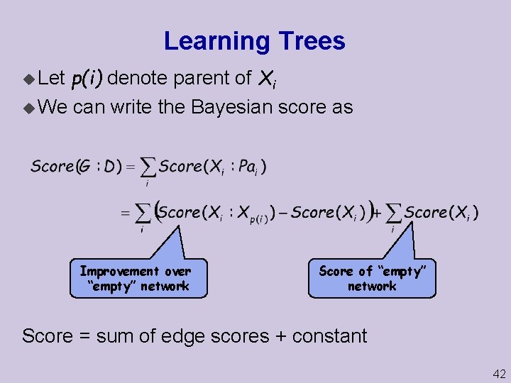 Learning Trees p(i) denote parent of Xi u We can write the Bayesian score