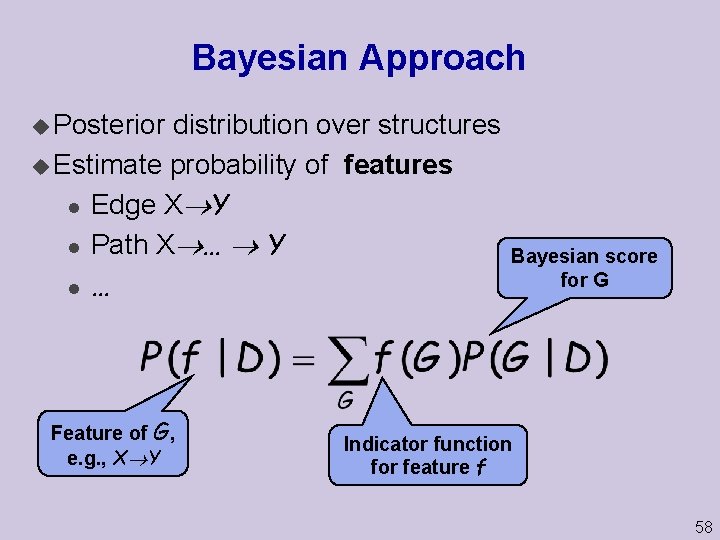 Bayesian Approach u Posterior distribution over structures u Estimate probability of features l Edge