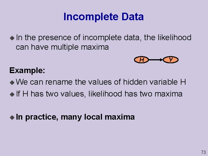 Incomplete Data u In the presence of incomplete data, the likelihood can have multiple