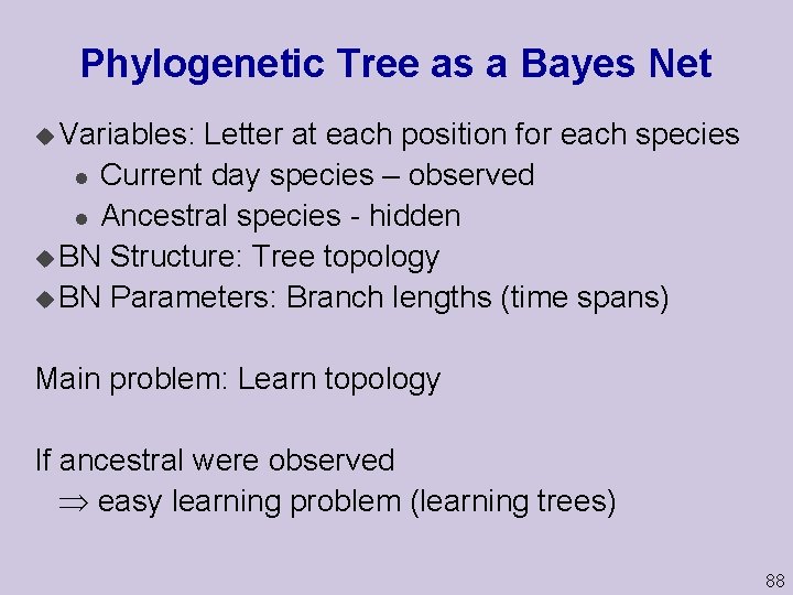 Phylogenetic Tree as a Bayes Net u Variables: Letter at each position for each