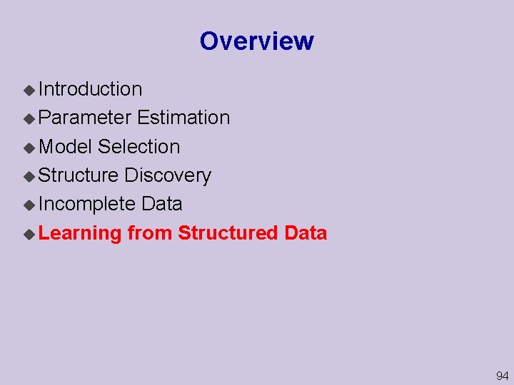 Overview u Introduction u Parameter Estimation u Model Selection u Structure Discovery u Incomplete