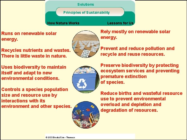 Solutions Principles of Sustainability How Nature Works Lessons for Us Runs on renewable solar