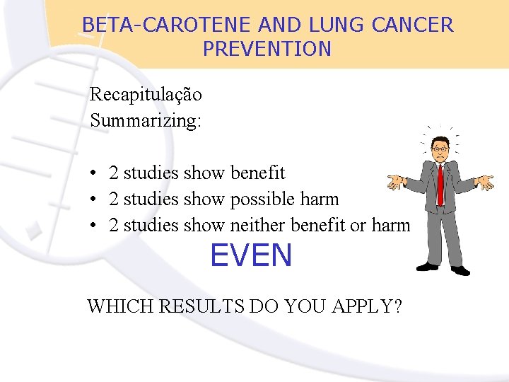 BETA-CAROTENE AND LUNG CANCER PREVENTION Recapitulação Summarizing: • 2 studies show benefit • 2