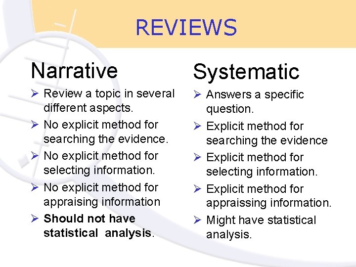 REVIEWS Narrative Systematic Ø Review a topic in several different aspects. Ø No explicit