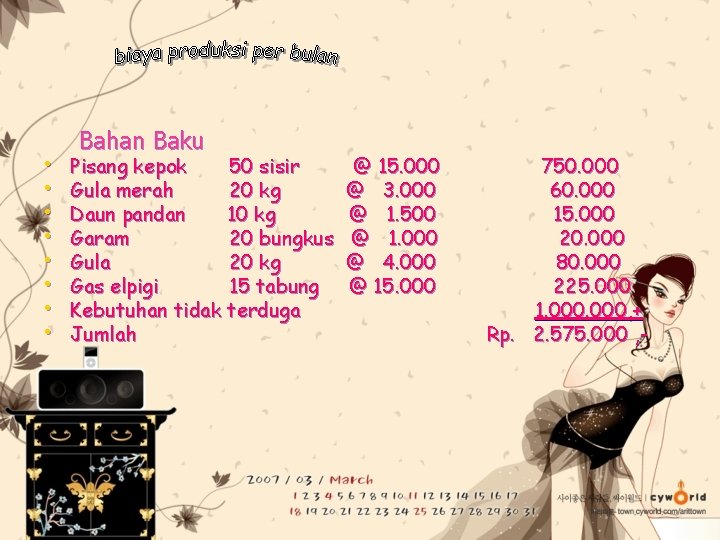  • • Bahan Baku Pisang kepok 50 sisir Gula merah 20 kg Daun