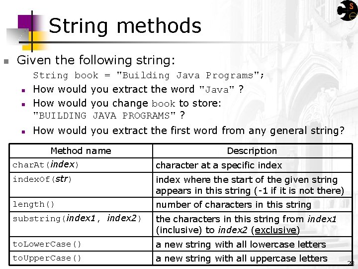 String methods n Given the following string: n n n String book = "Building