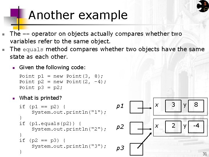 Another example n n The == operator on objects actually compares whether two variables