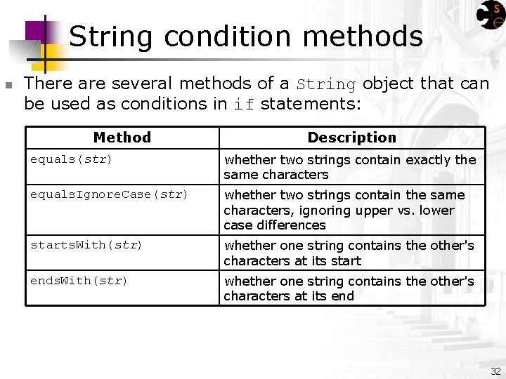 String condition methods n There are several methods of a String object that can