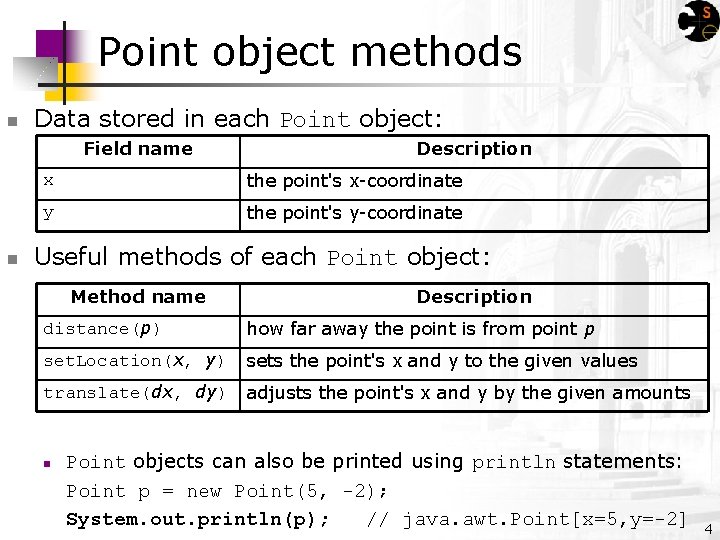 Point object methods n Data stored in each Point object: Field name n Description