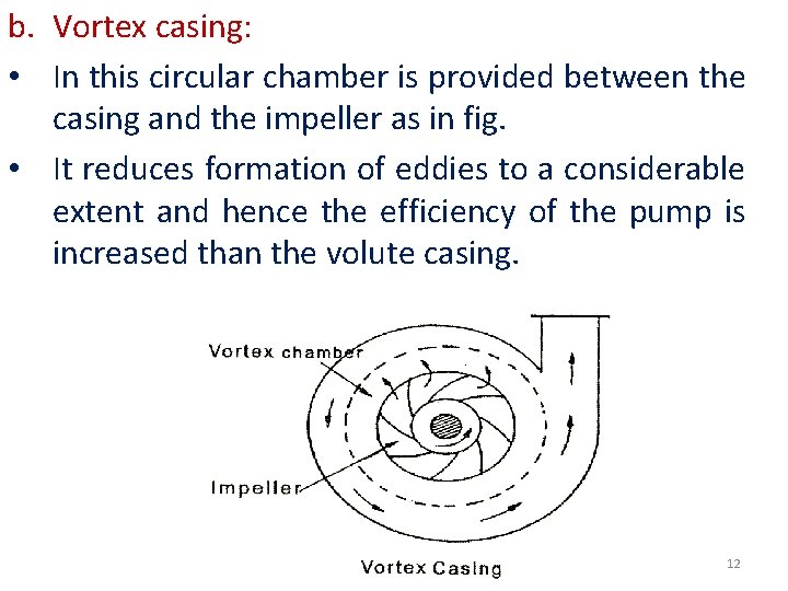 b. Vortex casing: • In this circular chamber is provided between the casing and