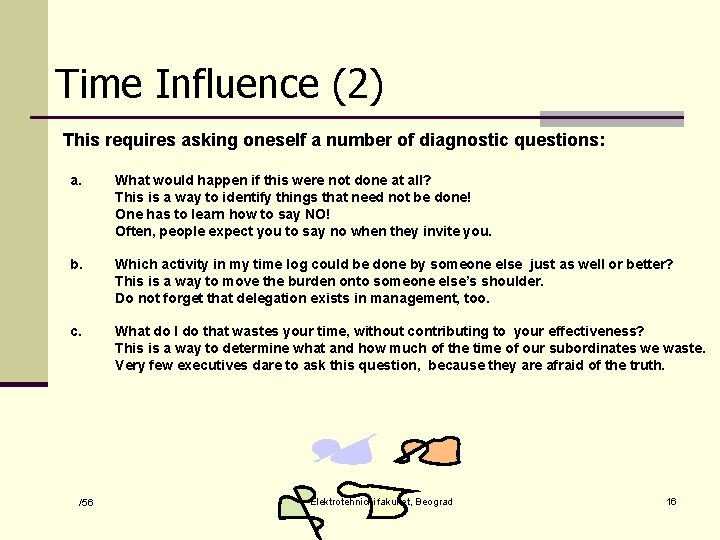 Time Influence (2) This requires asking oneself a number of diagnostic questions: a. What