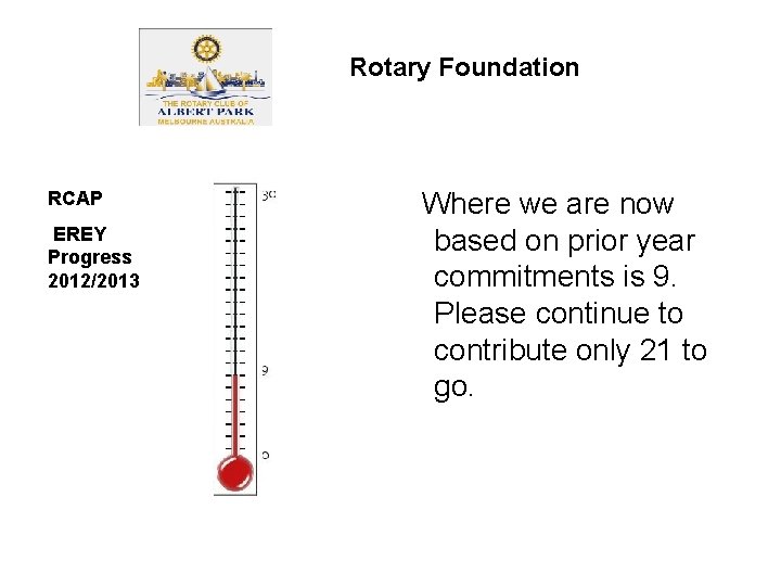 Rotary Foundation RCAP EREY Progress 2012/2013 Where we are now based on prior year