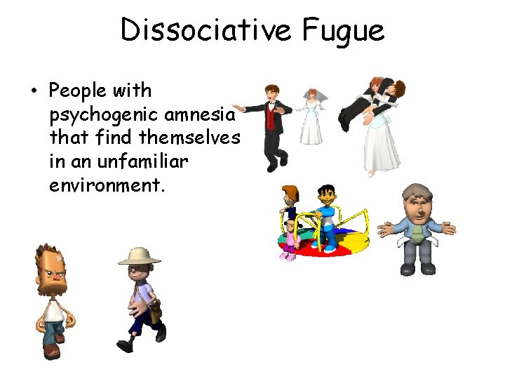 Dissociative Fugue • People with psychogenic amnesia that find themselves in an unfamiliar environment.
