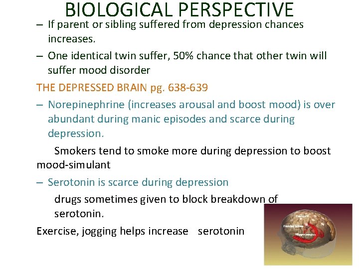 BIOLOGICAL PERSPECTIVE – If parent or sibling suffered from depression chances increases. – One
