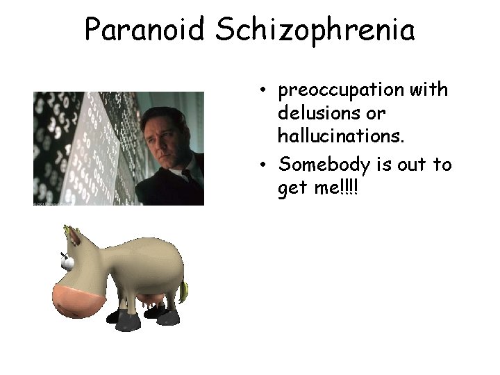 Paranoid Schizophrenia • preoccupation with delusions or hallucinations. • Somebody is out to get