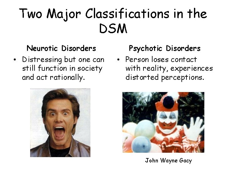 Two Major Classifications in the DSM Neurotic Disorders • Distressing but one can still
