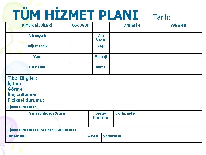 TÜM HİZMET PLANI KİMLİK BİLGİLERİ ÇOCUĞUN ANNENİN Adı-soyadı Adı Soyadı Doğum tarihi Yaşı Mesleği