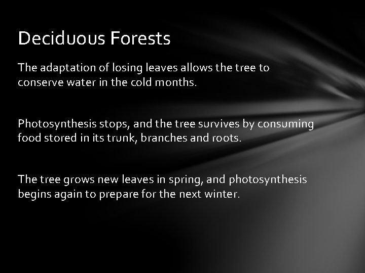 Deciduous Forests The adaptation of losing leaves allows the tree to conserve water in