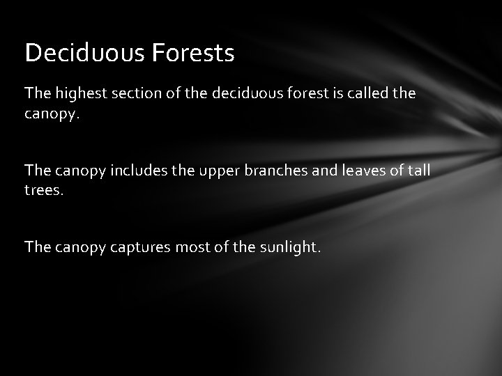 Deciduous Forests The highest section of the deciduous forest is called the canopy. The