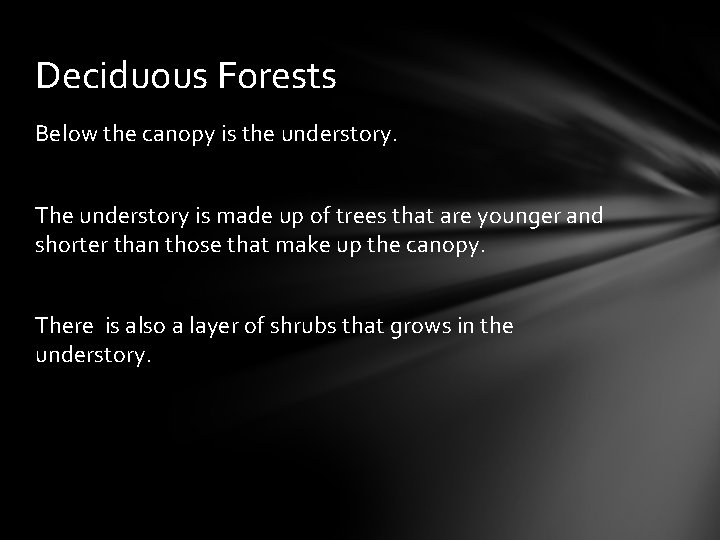 Deciduous Forests Below the canopy is the understory. The understory is made up of