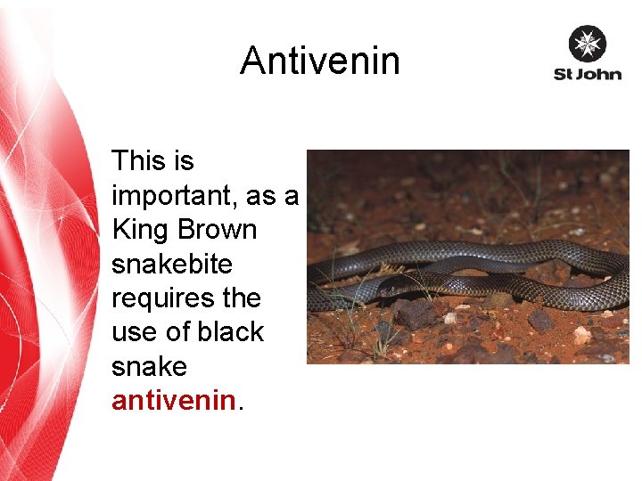 Antivenin This is important, as a King Brown snakebite requires the use of black