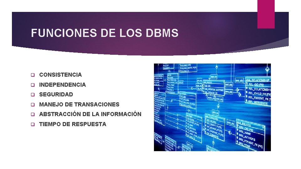 FUNCIONES DE LOS DBMS q CONSISTENCIA q INDEPENDENCIA q SEGURIDAD q MANEJO DE TRANSACIONES