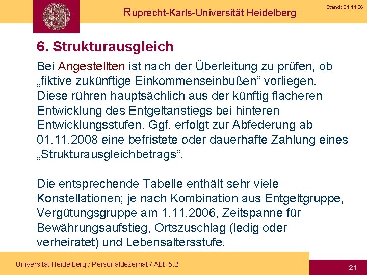 Ruprecht-Karls-Universität Heidelberg Stand: 01. 11. 06 6. Strukturausgleich Bei Angestellten ist nach der Überleitung