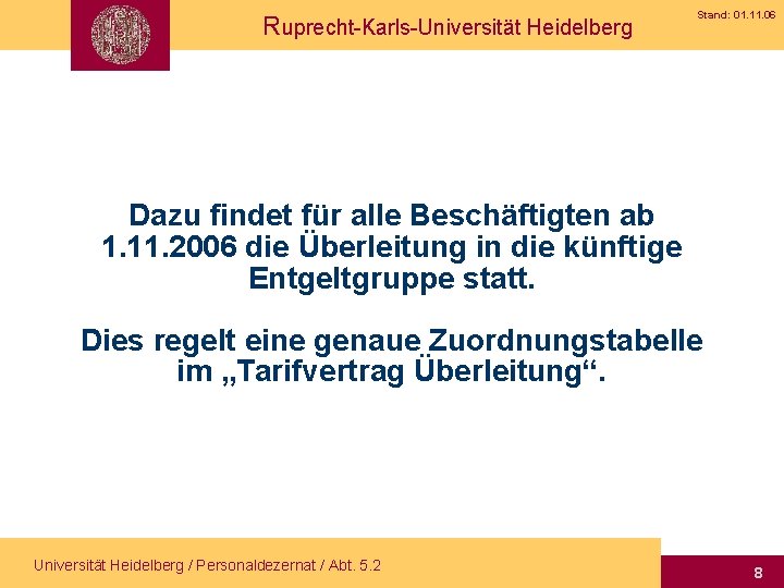 Ruprecht-Karls-Universität Heidelberg Stand: 01. 11. 06 Dazu findet für alle Beschäftigten ab 1. 11.