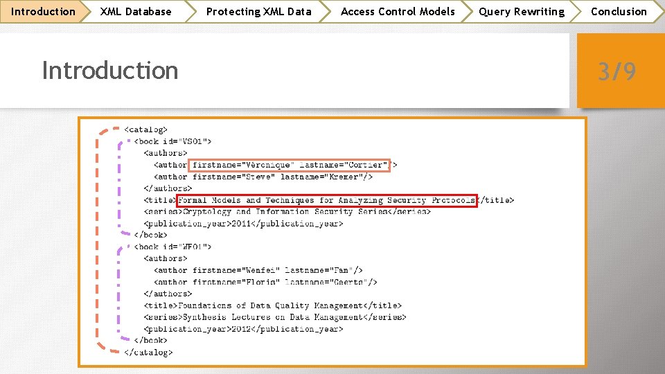 Introduction XML Database Introduction Protecting XML Data Access Control Models Query Rewriting Conclusion 3/9