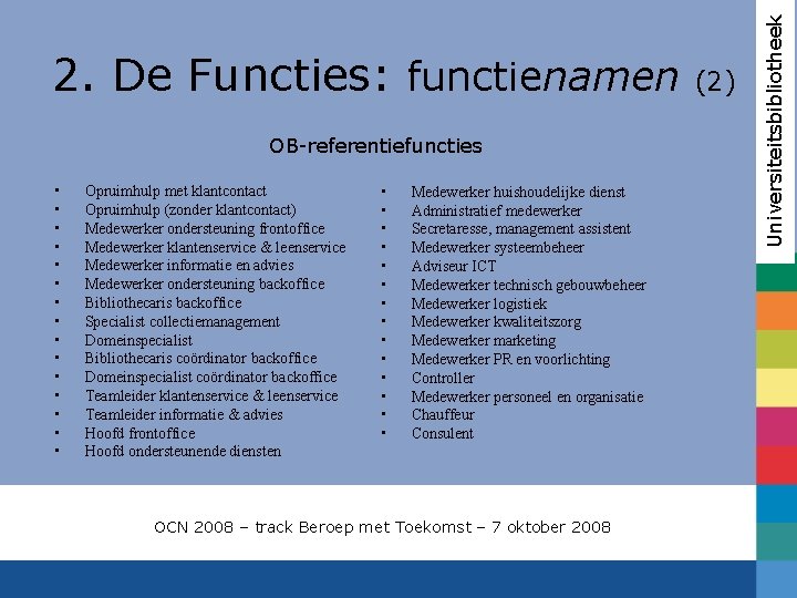 OB-referentiefuncties • • • • Opruimhulp met klantcontact Opruimhulp (zonder klantcontact) Medewerker ondersteuning frontoffice