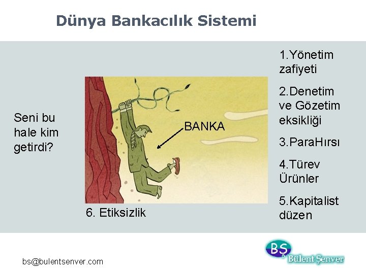 Dünya Bankacılık Sistemi 1. Yönetim zafiyeti Seni bu hale kim getirdi? BANKA 2. Denetim