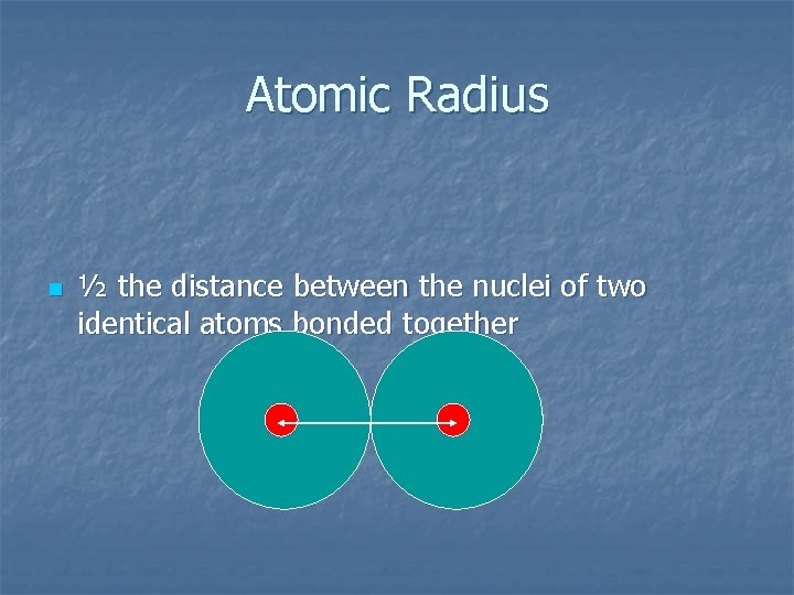 Atomic Radius n ½ the distance between the nuclei of two identical atoms bonded