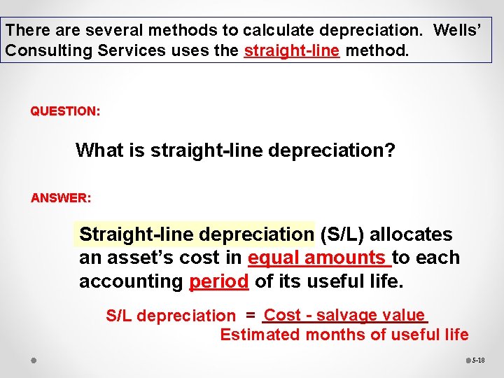 There are several methods to calculate depreciation. Wells’ Consulting Services uses the straight-line method.